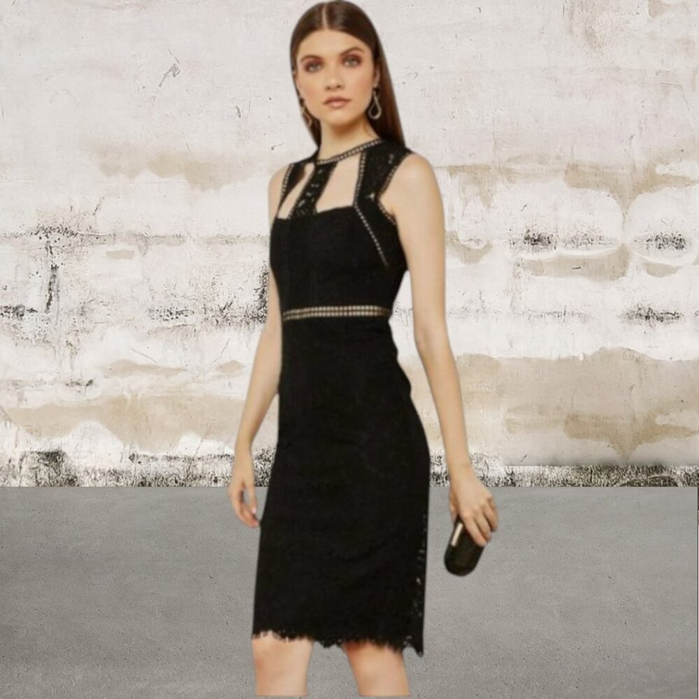 Bardot Splice Panel Lace Cutout Midi Black Dress Size 6